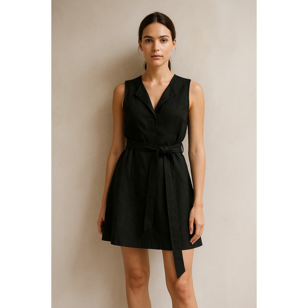 Theory‎ Black Sleeveless Belted Mini Dress Size P+ Fit & Flare